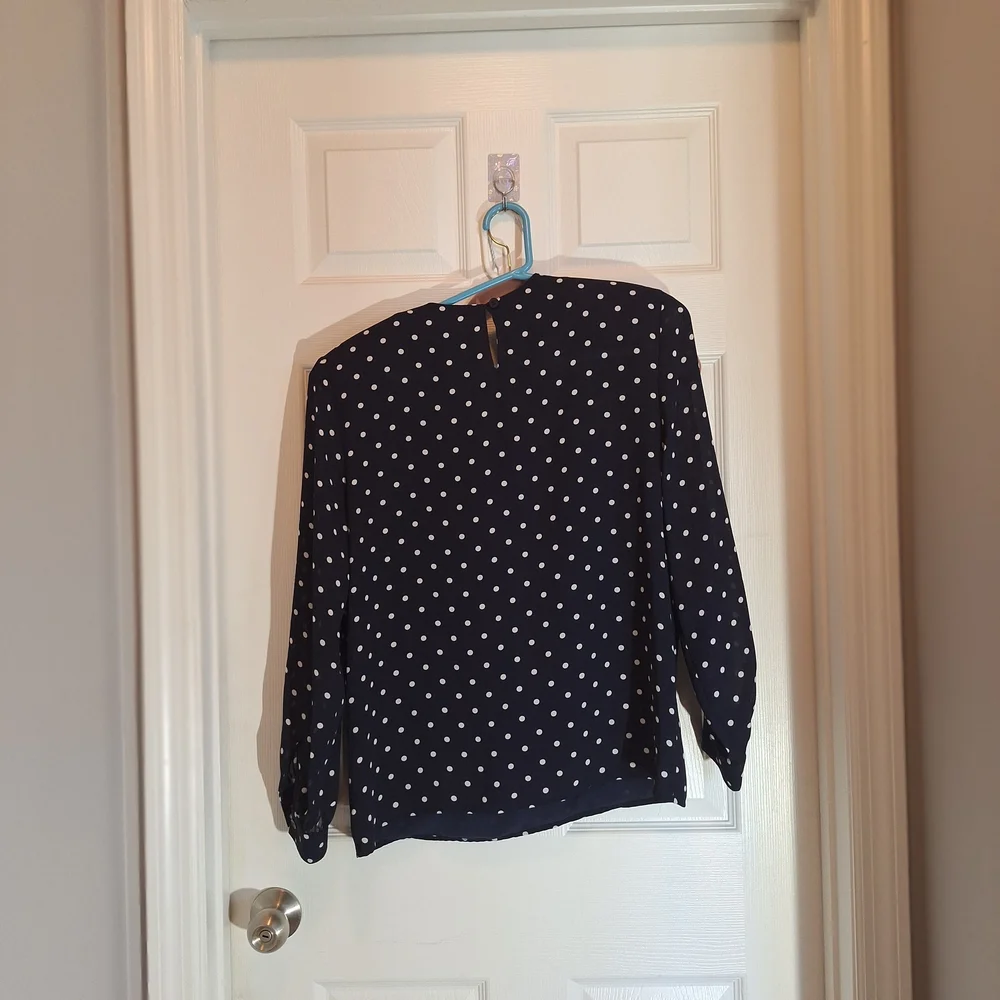 Chaus Vintage Sheer Navy and White Polka Dot Blouse And Adjustable Waist Skirt